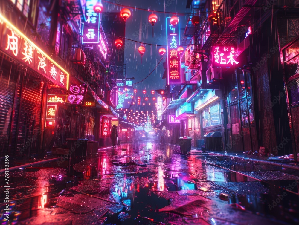 Neon-lit alley in a futuristic city