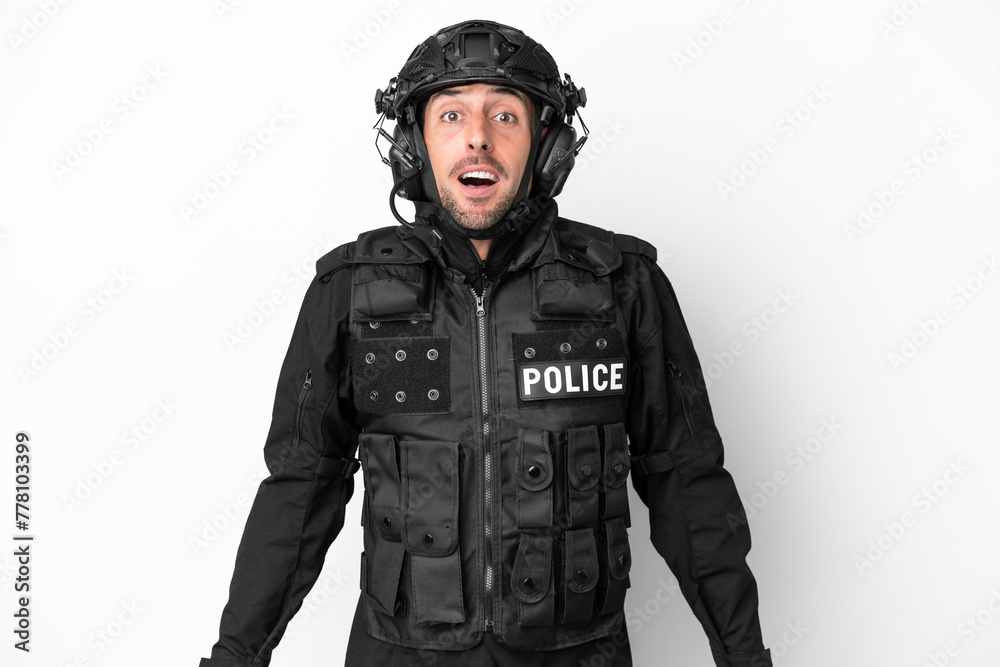 SWAT caucasian man isolated on white background with surprise facial expression SWAT caucasian man isolated on white background with surprise facial expression