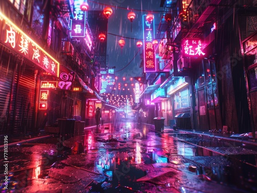 Neon-lit alley in a futuristic city