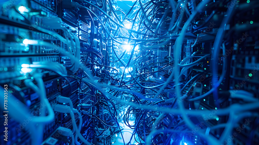 digital cables and wires in an overflowing server room - obrazy, fototapety, plakaty 