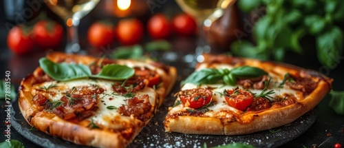 a close up of two slices of pizza on a plate with a glass of wine and tomatoes in the background.