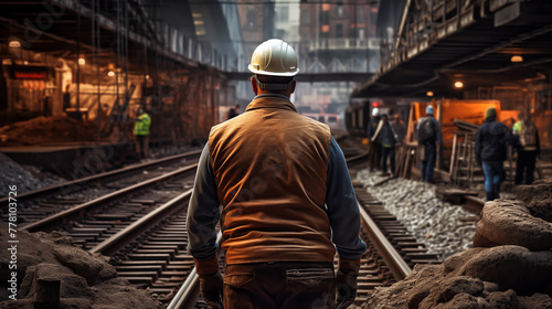 Tunnel worker during construction at tunnel railway underground construction