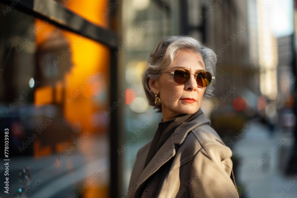 Obraz premium A poised senior woman models in urban winterwear, showcasing timeless grace amid the city backdrop