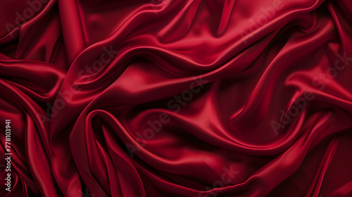 Elegant dark red silk satin fabric with intricate folds and curves draped on a luxurious background