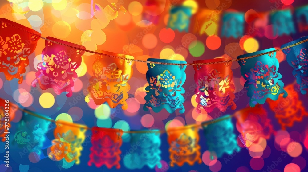  colourful paper cut art hanging decorations with string light blurred bokeh light background