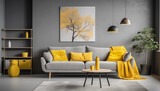 Modern living room interior with gray sofa yellow pillows and tree art