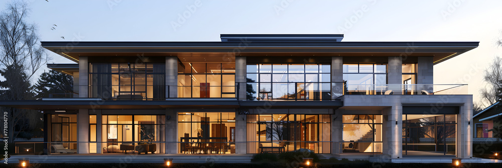 Real estate moderns luxury home large window trees  Concept of modern blurred background illustration