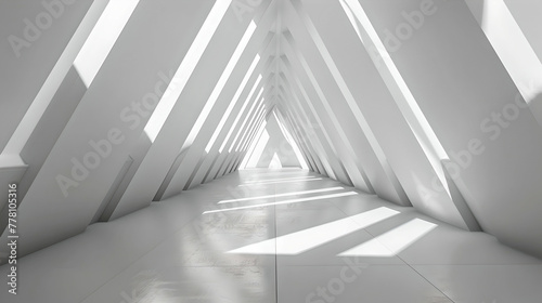 Minimalist white room with geometric shapes and light patterns. Futuristic architecture and design. A modern indoor perspective for creative projects. AI