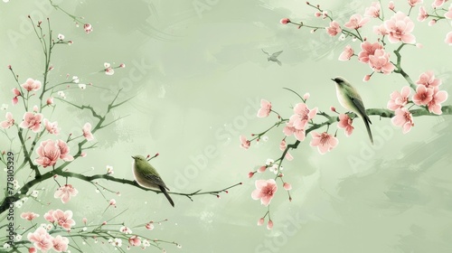 Spring scene with bird light green background.