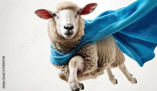 Superhero sheep flying on a white background while wearing a blue cloak, Eid ul fitr 2024 concept.