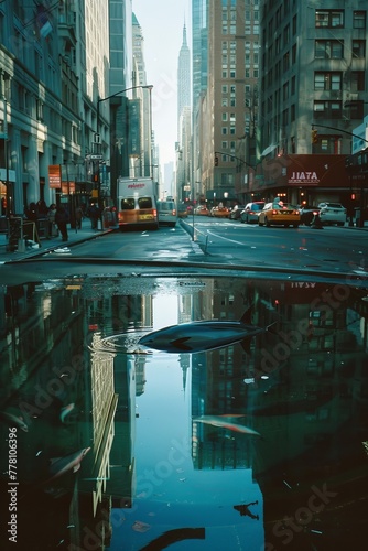 A dolphin in a body of water in the middle of a big city street is generated AI