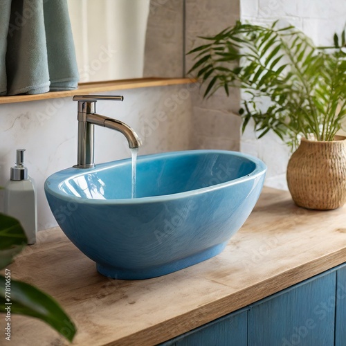 an interior mockup featuring a close-up view of a blue sink in a bathroom designed with eco-friendly principles. Ensure ample copy space around the sink to accommodate text or graphics, creating an in
