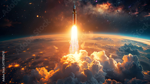 A rocket taking off from earth with flames coming out, symbolizing the excitement of space exploration and technological progress.