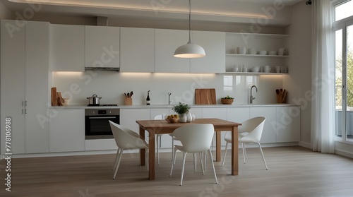 Modern new light interior of kitchen with white furniture and dining table .Generative AI 