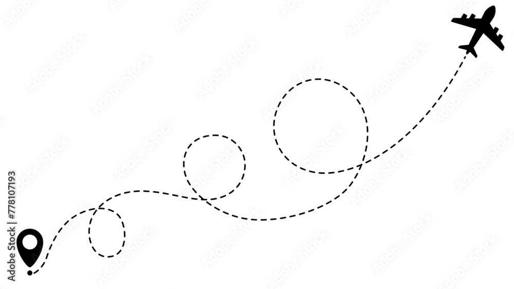 Airplane line path routes. Travel vector icon. Travel from start point and dotted line tracing. Plane routes flight air dotted isolated illustration.