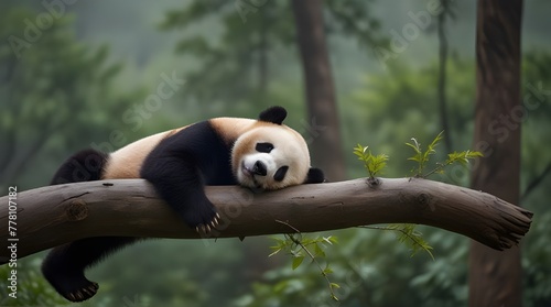 Lazy Panda Bear Sleeping on a Tree Branch, China Wildlife. Bifengxia nature reserve, Sichuan Province .Generative AI photo