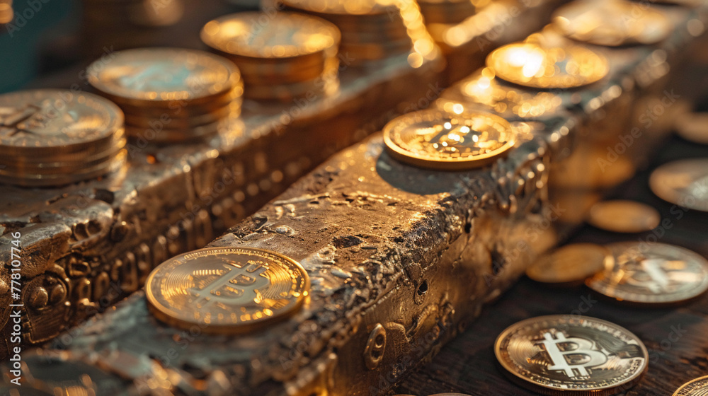 In a symbolic representation of modern finance, gold bitcoin coins rest on timeless ingots, illustrating the dynamic interplay between cryptocurrency and traditional economic values. In a symbolic representation of modern finance, gold bitcoin coins rest on timeless ingots, illustrating the dynamic interplay between cryptocurrency and traditional economic values.