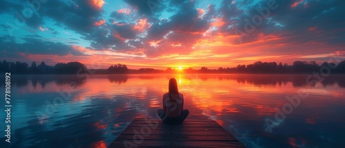 a person sitting on a dock in front of a body of water with a sunset in the background and clouds in the sky. © Mikus