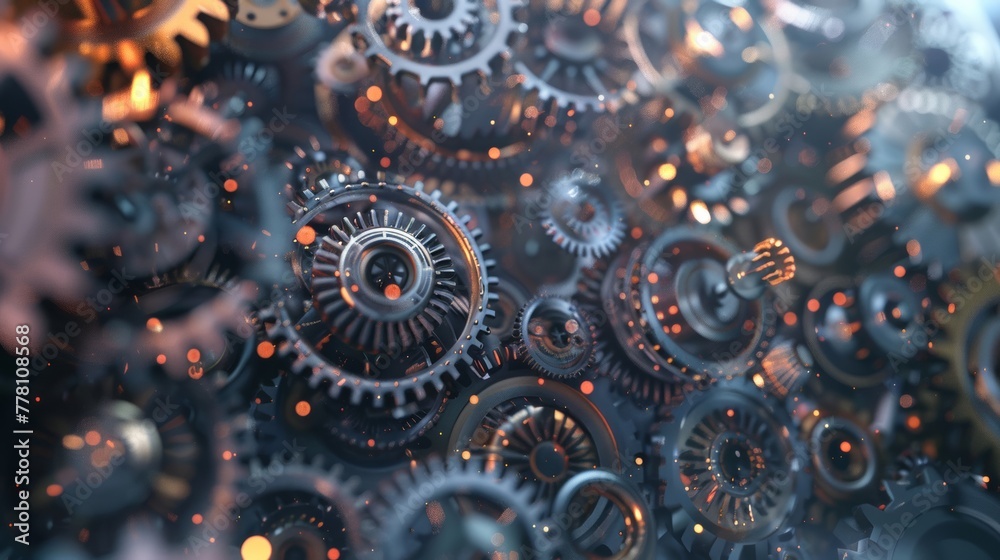 A digital landscape of interconnected cogs turning in perfect harmony