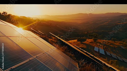 solar panel in the evening, sunset, eco concept