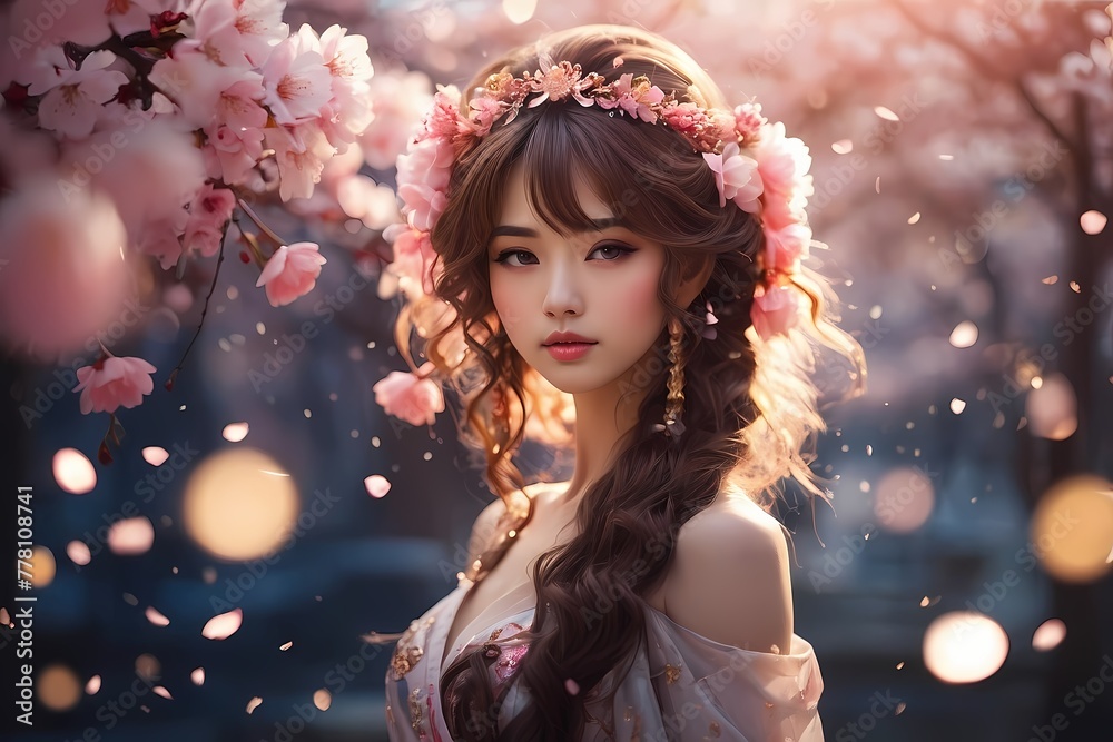 anime style of Goddess with cherry blossom motif on fantastic background. anime style of Goddess with cherry blossom motif on fantastic background.