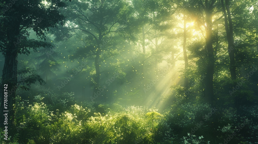 As morning light filters through the canopy, it illuminates a vibrant forest, awakening the life within.