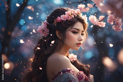 anime style of Goddess with cherry blossom motif on fantastic background.