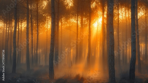 A fiery sunrise sets the mist aglow in a pine forest, creating a scene of breathtaking beauty and stillness.