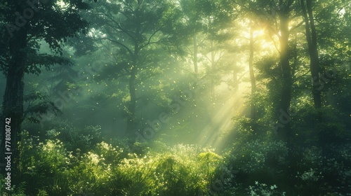 As morning light filters through the canopy, it illuminates a vibrant forest, awakening the life within.