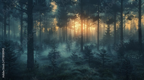 The first light of sunrise seeps through a dense pine forest, illuminating the fog and creating a serene landscape.