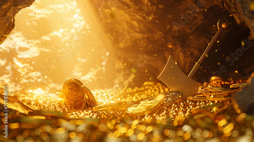 In this imaginative 3D depiction, a pickaxe rests in a golden cave, surrounded by Bitcoin coins, illustrating the modern-day digital gold rush in the mysterious world of cryptocurrency mining. © arhendrix