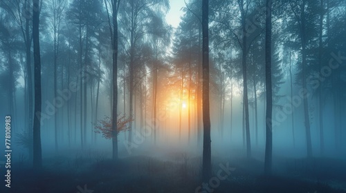 The warm glow of sunrise cuts through the mist, revealing the silent beauty of a tranquil, forested landscape. photo