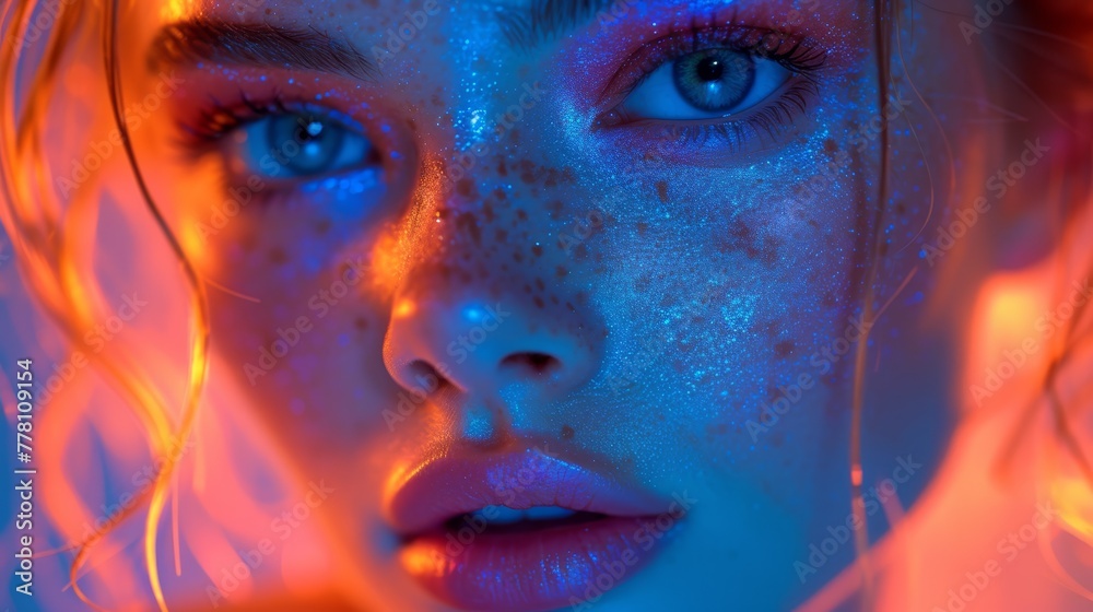 a close up of a woman's face with freckled hair and blue eyes and glowing powder on her face.