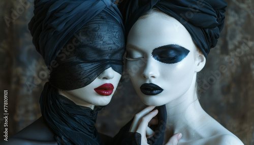 Glamorous style of two sexy women with blindfolds. Sexy image of beautiful model girls in love.