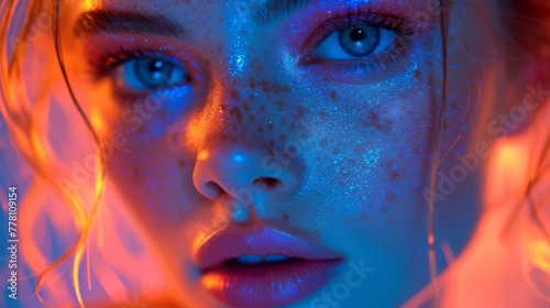 a close up of a woman s face with freckled hair and blue eyes and glowing powder on her face.
