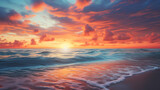 A golden sunset reflecting on a tranquil ocean, the sky ablaze with hues of orange and pink.