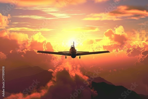 A fighter plane soaring through a fiery sunset