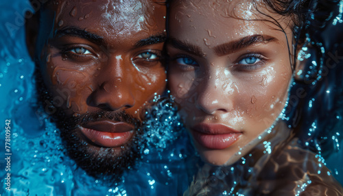 Emotional Portrait of a beautiful couple in love, the faces of lovers in the water.