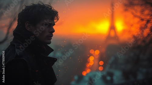 a man standing in front of a sunset with a blurry image of the eiffel tower in the background.