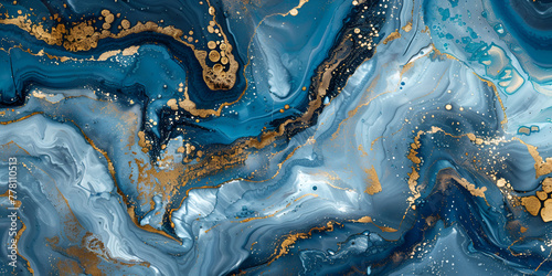 Abstract art background with a fluid marble blue and gold texture Splendid 3D illustration luxury abstract artwork in alcohol ink technique Shiny golden wave swirl pattern on a blue background
