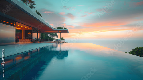 A minimalist villa, with infinity pool blending into the horizon as the background, during a clear day