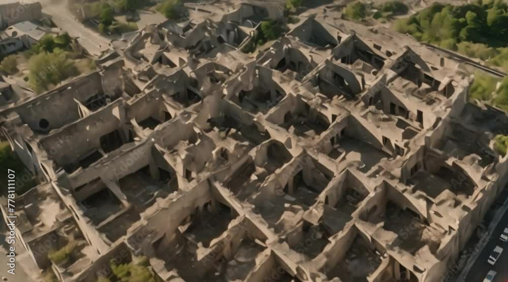 Aerial view of bombed-out ruins in urban areas.
