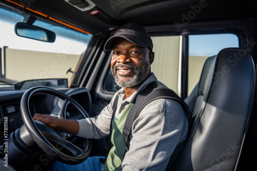 Black man working as a truck driver smiling sitting in the cab of the truck during a break in his travel route. Truck drivers and road work. © Kemedo