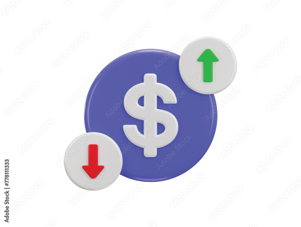dollar with arrow down and up. value loss or growth. Icon of exchange on currency 3d rendering vector illustration dollar with arrow down and up. value loss or growth. Icon of exchange on currency 3d rendering vector illustration