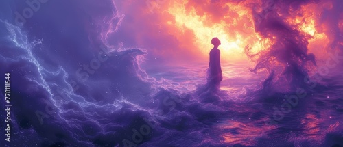 a painting of a person standing in the middle of a body of water with a fire in the sky in the background.
