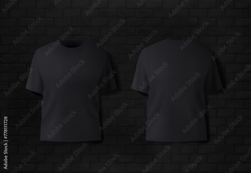 Basic black male t-shirt realistic mockup. Front and back view. Blank textile print template for fashion clothing. - obrazy, fototapety, plakaty 