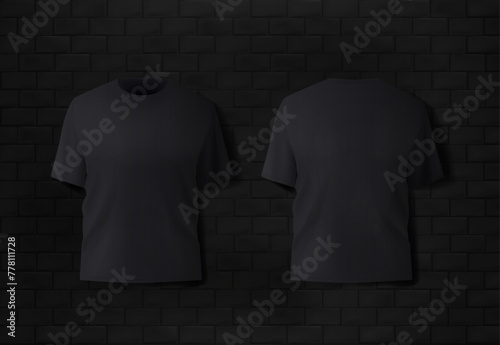 Basic black male t-shirt realistic mockup. Front and back view. Blank textile print template for fashion clothing.