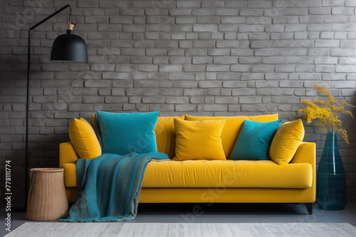 Bright yellow velvet sofa with blue pillows and cushions in front of a gray brick wall © HecoPhoto