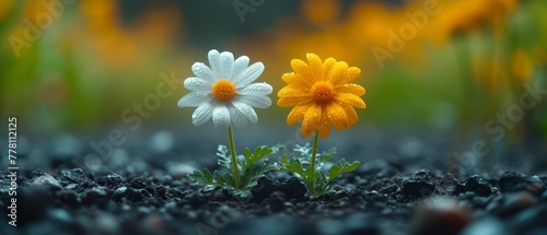 a couple of yellow and white flowers sitting on top of a field of black and white rocks in front of a field of yellow and white flowers.