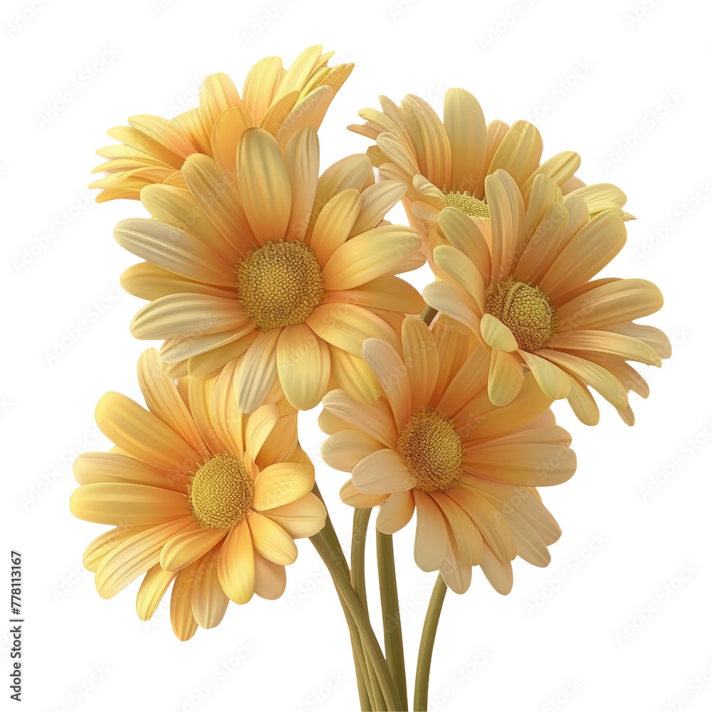 Three yellow flowers in vase on Transparent Background